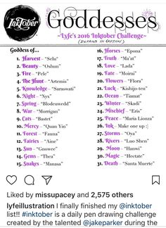 a list of goddesss for the 2013 inker challenge