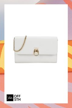 Snap-Flap Closure Goldtone Hardware One Inside Zip Pocket Leather & Textile Lining Leather Imported Size Chain Crossbody Strap, 21" Drop 8.25"w X 5.5"h X 1.75"d. Center Core - Small Leather Goods > Saks Off 5th > Barneys Warehouse. Furla. Color: Talc. Chain Crossbody Bag, Leather Chain, Small Leather Goods, Leather Goods, Crossbody Strap, Bag Sale, Zip Pockets, Crossbody Bag, Gold Tones