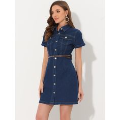 Elevate your wardrobe with the Allegra K Women's Collar Roll-Up Short Sleeve Belted Button-Up Denim Shirt Dress in a chic dark blue. This versatile piece is perfect for a variety of settings, from the office to casual outings.

- **Color:** Dark Blue
- **Material:** Denim
- **Size:** Large
- **Gender:** Female
- **Age Group:** Adult

Featuring an adjustable belt, this dress allows for a customized fit that flatters your waistline. The roll-up short sleeves and button-up front add a touch of casu Belted Button-up Denim Dress, Blue Belted Button-up Denim Dress, Button Up Dress Outfit, Dresses Dark Blue, Denim Shirt Dress Women, Button Down Denim Dress, Denim Button Up Dress, Flare Shirt, Chambray Shirt Dress