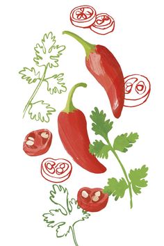 some red peppers and green leaves on a white background