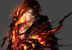 an anime character with flames around his shoulders