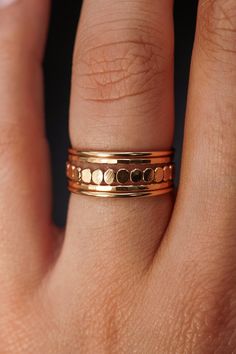 These “Medium Thick” rings mix together beautifully with our popular Bead Ring! The contrast between smooth, hammered and bead textures is incredibly eye-catching. These stacking rings are perfect for mixing and matching! Either wear them all at once or mix them in with your favorite rings for extra sparkle! Each gol Thick Stacking Ring, Stacking Rings Gold, Thick Rings, Bubble Ring, Thick Ring, Rose Gold Beads, Stacking Ring Set, Ringe Gold, Moon Ring