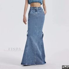 Fisdy - Falda midi vaquera de talle alto con dobladillo de cola de pez Long Jeans Skirt, Denim Skirts Online, New Fashion Clothes, Retro Revival, Streetwear Chic, Ankle Length Skirt, Denim Skirt Women, Fashion Enthusiast, Fish Tail