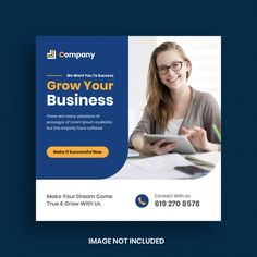 a blue business flyer with a woman holding a tablet