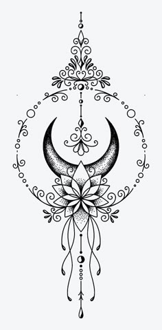 a black and white drawing of a crescent with an intricate design on the bottom corner