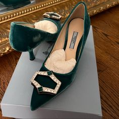 Green Prada Velvet Heels Worn Once Beautiful Crystal Embellishment Size 35 Prada Heels, Shoes Green, Velvet Heels, Prada Shoes, Crystal Embellishment, Green Velvet, Shoes Women Heels, Prada, Shoes Heels