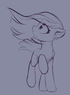 a drawing of a pony with long hair and big eyes, looking up at the sky