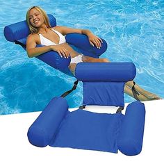 a woman laying on an inflatable chair next to a swimming pool with blue water