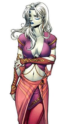 a drawing of a woman with long white hair and purple clothing, holding her hands on her hips