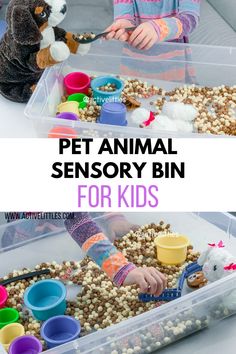 a child is playing with some food in a plastic bin and the words pet animal sensory bin for kids