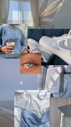 a collage of photos with blue and white shoes, an open book, a woman's eye, a window, a beach chair, and the ocean