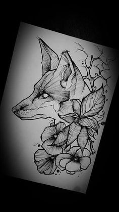 a black and white drawing of a fox with flowers on it's head, in the dark