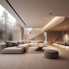 a modern living room with wood flooring and white furniture in the middle of it