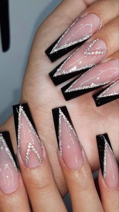 Nail Foils, Aurora Nails, Black Acrylic Nails, Valentine Nails, Nails Design With Rhinestones, Long Acrylic Nails Coffin, Acrylic Nails Coffin Pink, Long Square Acrylic Nails, Bling Acrylic Nails