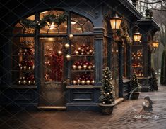 Bay Window Christmas Village, Nyc Christmas Store Windows, Digital Backdrops Christmas, Harrods Christmas Window, Bay Window Exterior, Chirstmas Village Set The Jolly Christmas Shop, Christmas Digital Backdrop, Christmas Shop Window, Store Front Windows