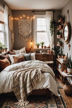 a bed room with a neatly made bed and lots of plants