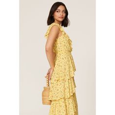 Yellow ditsy flower printed woven (100% Polyester). Maxi. Cap Sleeves. V-neckline. Fully lined. 53" from shoulder to hemline. Imported. Color Me Courtney, Yellow Floral Dress, Rent The Runway, Handkerchief Hem, Closet Designs, Pale Yellow, Yellow Floral, Flutter Sleeve, Bridesmaid Dress