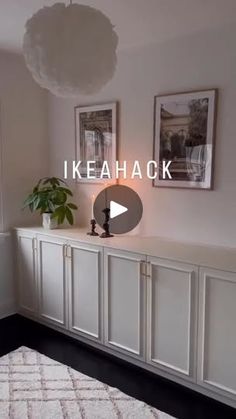 a living room with white furniture and pictures on the wall above it that says ikea hack