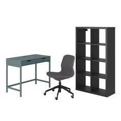 an office chair next to a bookcase and desk