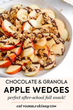 chocolate and granola apple wedges in a white bowl with text overlay that reads, chocolate and granola apple wedges perfect after school snack