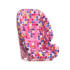 a child's car seat with colorful polka dots on the front and back side