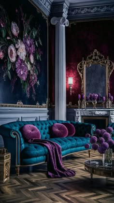 a living room with purple and blue furniture