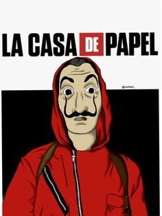 a man wearing a red hoodie with the words la casa de papel on it