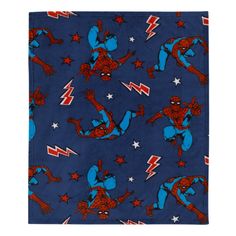 a blue blanket with spiderman on it and stars in the sky around them,