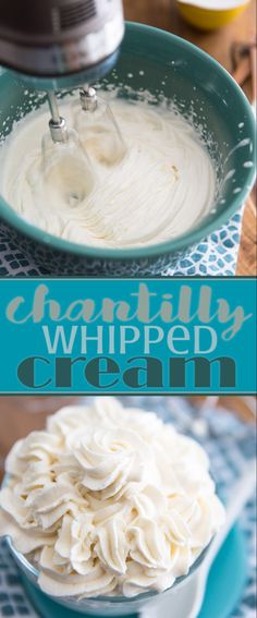 whipped cream in a blue bowl with a whisk on top and the words creamy whipped cream above it