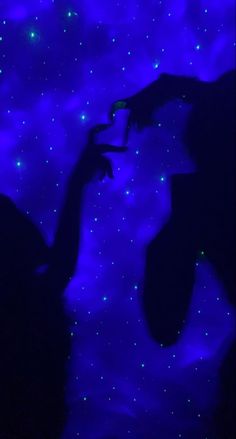 two people are silhouetted against a purple and blue background with stars in the sky