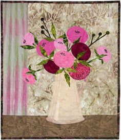 a painting of pink and red flowers in a white vase on a brown table cloth