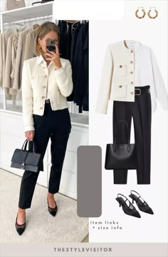 White Jacket Office Outfit, Elegant Slacks Outfit, Elegant Classic Outfits, Work Awards Night Outfit, Black And White Business Outfit, Formal Business Woman Outfit, White Tweed Blazer Outfit, Chic Outfits For Work, Tweed Blazer Outfit