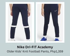 This image presents Nike Dri-FIT Academy
Older Kids' Knit Football Pants. Football Pants, The Pitch, White White, Tapered Legs, Color Show