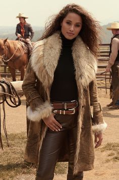 Georgia Leather Coat Classic Sheepskin Fur Coat With Faux Fur Trim, Classic Sheepskin Coat With Faux Fur Trim, Luxury Belted Fur Coat For Fall, Classic Leather Fur Coat With Faux Fur Trim, Classic Leather Coat With Faux Fur Trim, Classic Leather Fur Coat, Yellowstone Fashion, Style Long Coat, Cowboy Fashion