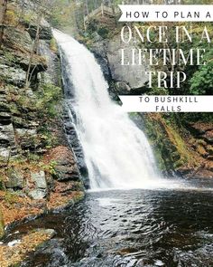 a waterfall with text overlay that reads how to plan an once in a lifetime trip to bushkill falls