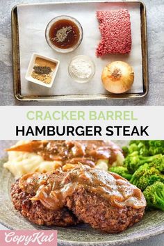 an image of a hamburger steak on a plate with broccoli and sauces