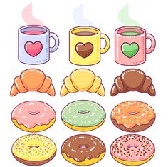 different kinds of donuts and coffee mugs with hearts on the top, one is filled