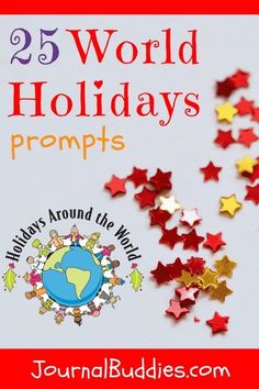 the cover of 25 world holidays propps, with stars falling from it and text overlay