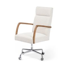 a white office chair with wheels and wooden arms