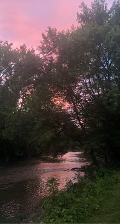 the sun is setting over a river with trees on either side and pink clouds in the sky