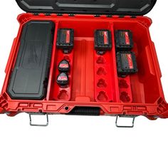 an open red tool box filled with tools