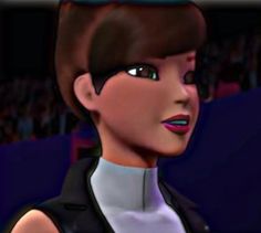 an animated image of a woman with short hair and dark eyes, wearing a black vest