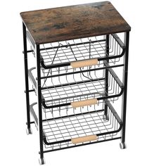 three tiered metal rack with wooden top