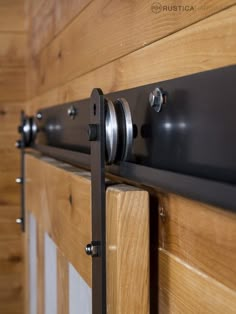 a close up of a wooden door with metal handles