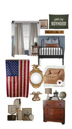 a collage of various items including a bed, dresser and american flag on the wall