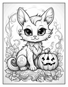 a black and white drawing of a cat with pumpkins