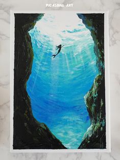 a painting of a person swimming in the ocean from an underwater cave with sunlight coming through