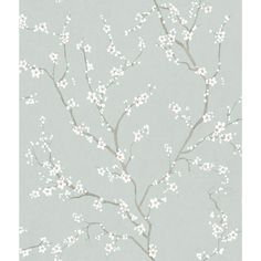 a wallpaper with white flowers and branches in grey tones on a light gray background