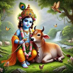 the god is sitting next to a cow