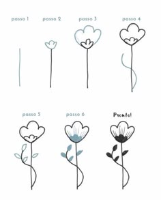 different types of flowers that are drawn on paper